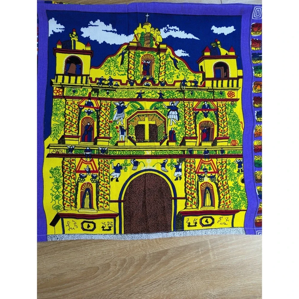 Vintage Guatemalan Fabric Tablecloth San Andres Xecul Church Folk Art 60x96